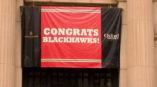 Outdoor banner that says congrats blackhawks