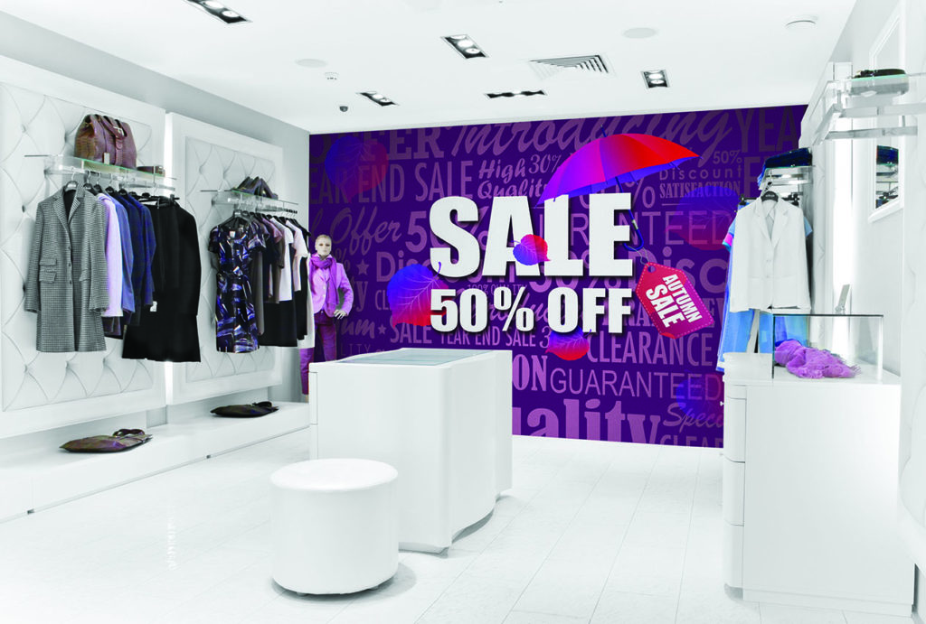 Retail store wall graphic for a 50% off autumn sale