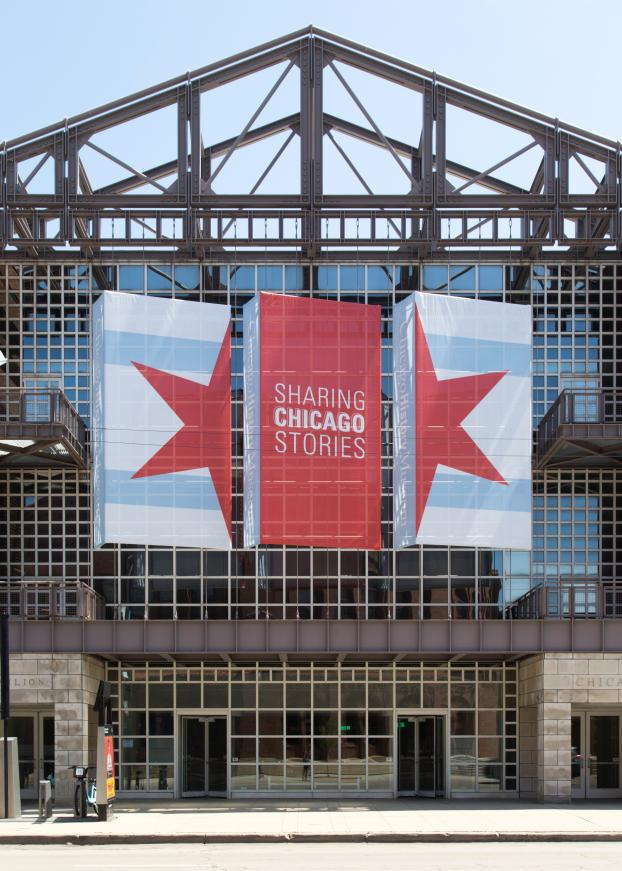 Sharing Chicago Stories banners outside the Chicago History Museum