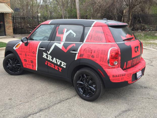 Krave Jerky red and white Mini Cooper wrap