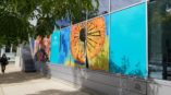 Side of building with blue wall decals and one with a dandelion.