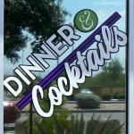 window graphic that says "Dinner & Cocktails"